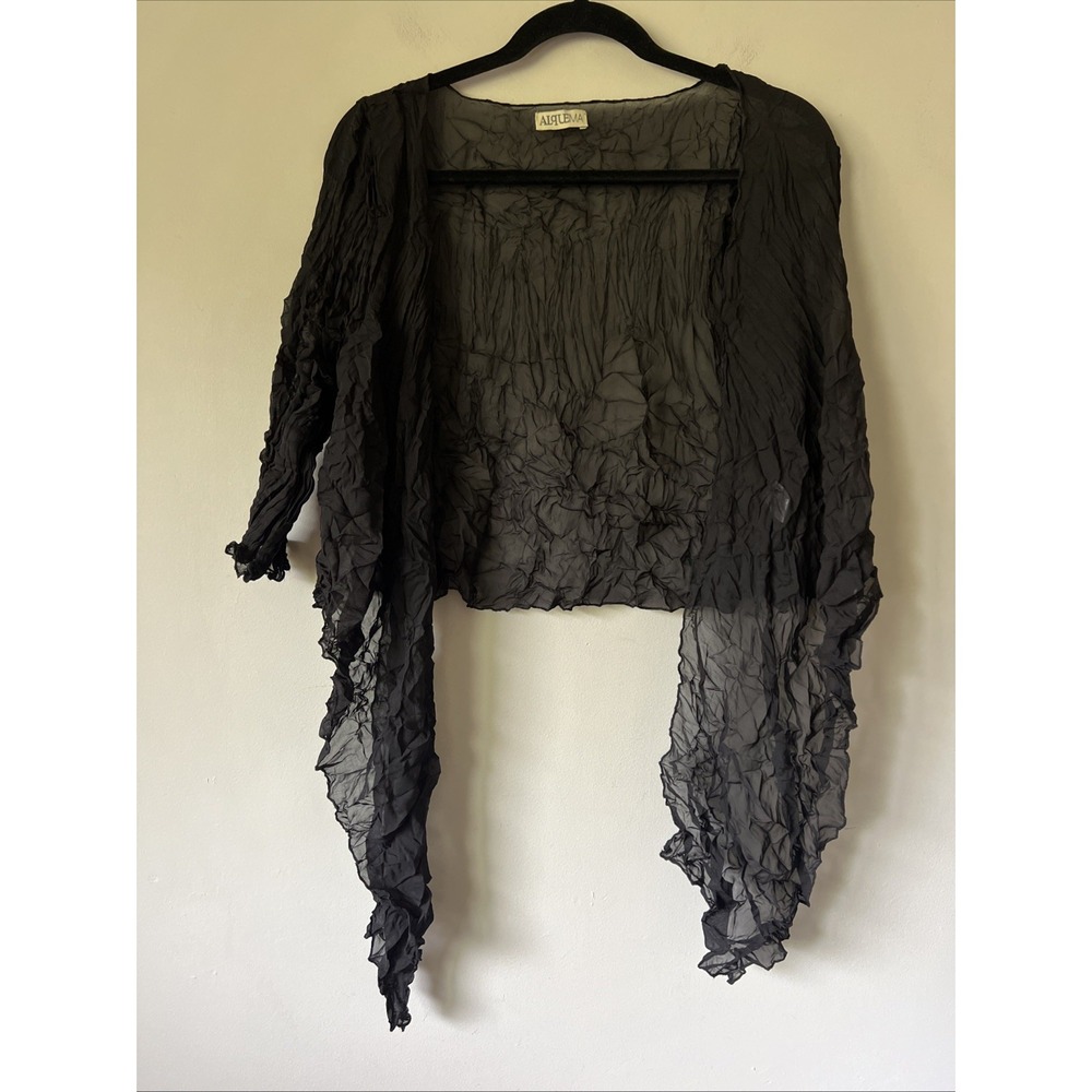 Alquema Crush Pleated Polyester Black Open Cardigan Topper Top One Size Cropped